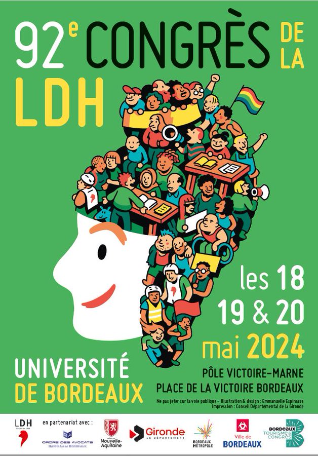 Affiche du 92ème congrès de la LDH - Bordeaux, 18-19 et 20 mai 2024
