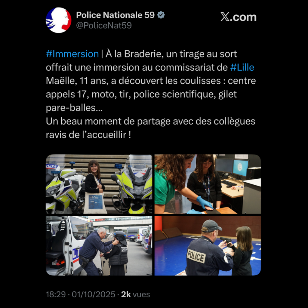 "#Immersion À la Braderie, un tirage au sort offrait une immersion au commissariat de #Lille. Maëlle, 11 ans, a découvert les coulisses : centre appels 16, moto, tir, police scientifique, gilet pare-balles... Un beau moment de partage avec des collègues ravis de l'accueillir !"